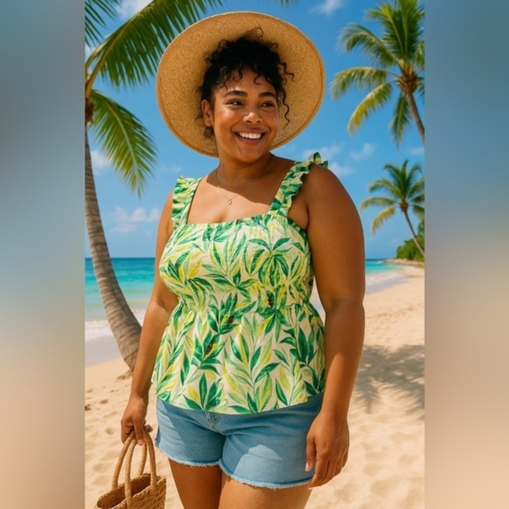 Torrid Tropical Leaf Smocked Gauze Tank Top Vacation Casual NWT 5/28 #1019